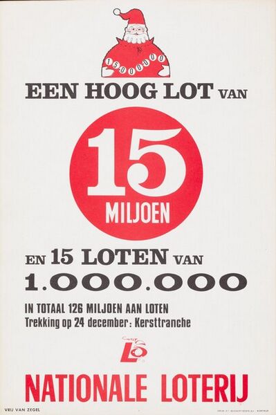 Een hoog lot van 15 miljoen en 15 loten van 1.000.000. In totaal 126 miljoen aan loten. Trekking op 24 december: Kersttranche