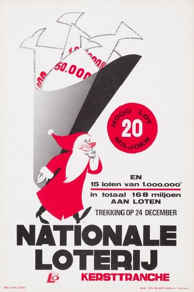 Kersttranche. Hoog lot 20 miljoen en 15 loten van 1.000.000 fr. in totaal 168 miljoen aan loten. Trekking op 24 december