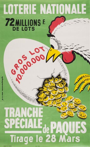 72 millions F. de lots. Gros lot 10.000.000. Tranche spéciale de Pâques. Tirage le 28 mars.