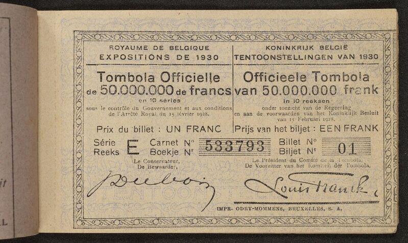 Koninkrijk België. Tentoonstelling van 1930. Officieele [sic] tombola van 50.000.000 frank in 10 reeksen.