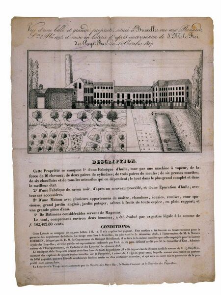 Vue d'une belle et grande propriété, située à Bruxelles rue aux Renards, S.on. 2 ,N° 1095, et mise en loterie d'après autorisation de S.M. le Roi des Pays-Bas du 21 Octobre 1827.