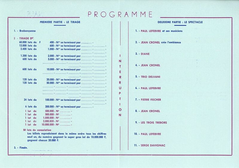 Tirage de la 10ème tranche. Tranche de l'Eté. Programme