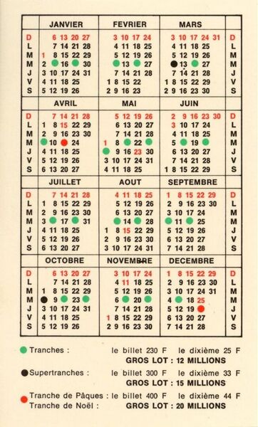 Calendrier 1974 "A partir de 1974, tirage le mercredi"