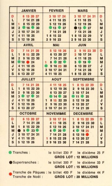 Calendrier 1974 "A partir de 1974, tirage le mercredi"